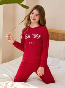 SHEIN 2pcs Girls Letter Print Long Sleeve Casual Top & Loose Pants Loungewear Set, Wine Red - Burgundy - View 9