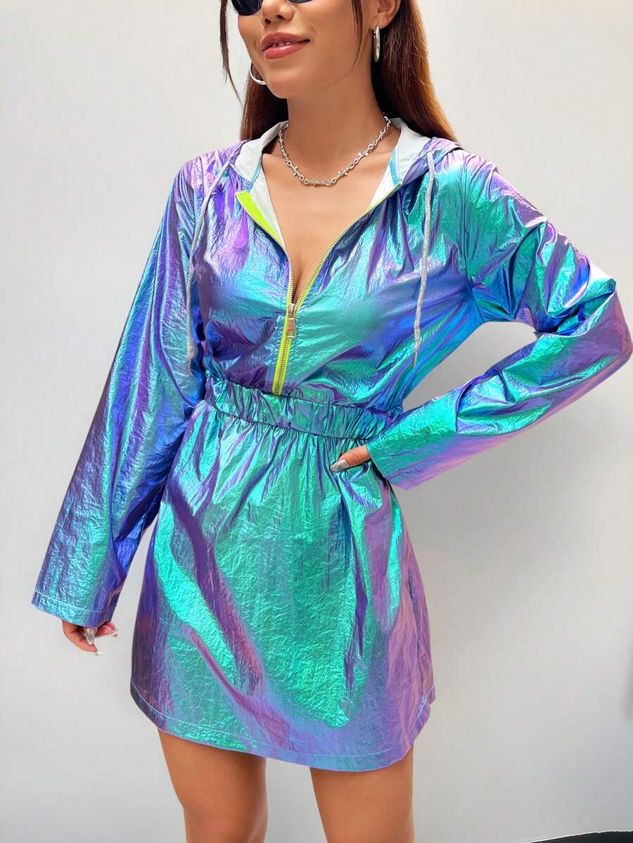 SHEIN EZwear 时尚潮流激光拉绳连帽连衣裙 - 彩色 - 查看 1