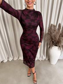 Lavishia 女士时尚抽象印花紧身连衣裙春装情人节连衣裙 - 紫色 - 查看 5