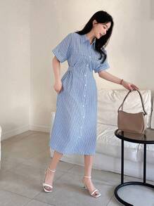 DAZY Women Striped Waistband Shirt Dress, Mid-Length Sundress,Casual Women Dresses