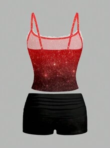 ORANGE STUDIO Artist 2pcs Women Casual Sparkle New Year Holiday Print Cami Top & Shorts Set, Suitable For Summer & Autumn Occasions, Vacation, Valentine's Day, Going Out, Festival - Burgundy - View 2