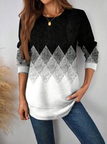 SHEIN LUNE Casual Minimalist Geometric Colorblock Loose Round Neck Long Sleeve Hoodie Sweatshirt For Women, Suitable For Autumn/Winter
