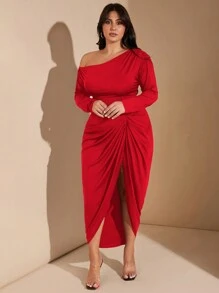 SHEIN BAE 大码女式优雅露肩长袖毛衣裙，带褶边细节，弹力舒适黑色中长裙，适合派对和约会 - 紅色 - 查看 9