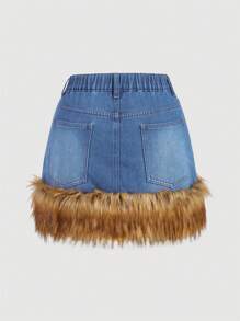 SHEIN MOD Plus Size Fluffy Denim Mini Skirt, Sweet Patchwork Design - Light Wash - View 2