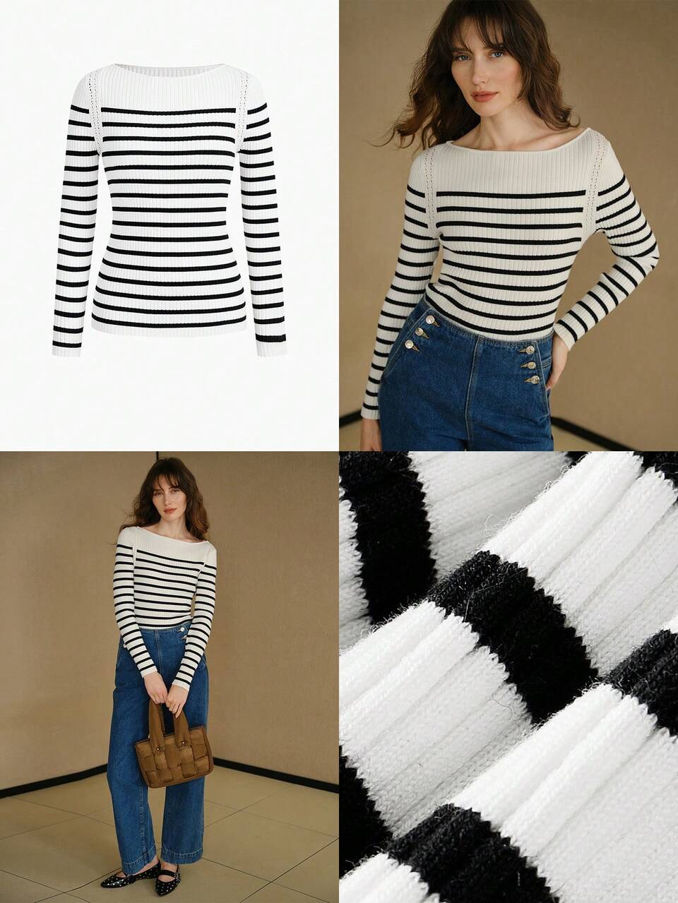 MOTF STUDIO WOOL STRIPED PATTERN POINTELLE KNIT PANEL SWEATER