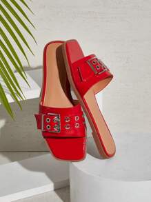 SHUZIA Women's Big Buckle Grommet Decor Square Toe Flat Slide Sandals-Punk Chic, Edgy & Spring Shoes Spring Break Easter - Red - View 2