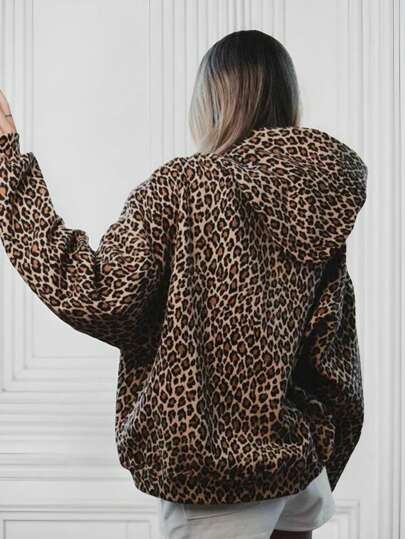 SHEIN EZwear Hanorac cu imprimeu leopard vintage casual pentru femei, mărime plus, potrivit pentru toamnă/iarnă