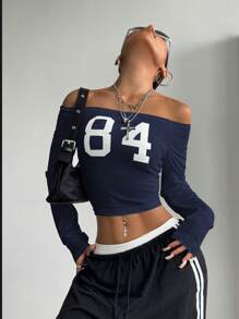 StreetHx 女式露肩大字母印花修身长袖 T 恤，秋季 - 藏蓝色 - 查看 3