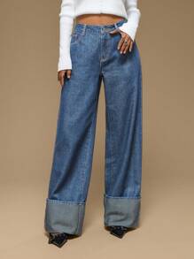 Forever 21 秋冬女士口袋宽松阔腿深蓝色水洗复古牛仔裤