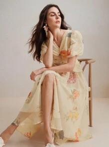 Anewsta 女式法式高端碎花 V 领收腰优雅夏季连衣裙，女式碎花连衣裙 - 杏色 - 查看 7