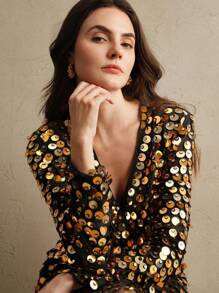 Anewsta 高端品牌女式亮片装饰长袖连衣裙，秋冬款 - 金色 - 查看 4