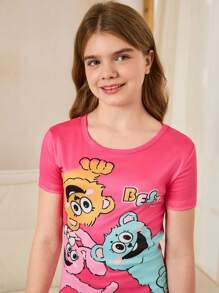 SHEIN 2pcs Tween Girls Cute Cartoon Monster Print Pink Snug Fit Short Sleeve Top And Pants Pajama Set - Pink - View 6