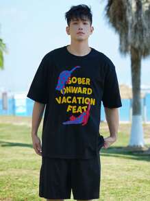 DAZY Men's Colorful Leopard & Letter Print Black T-Shirt & Shorts Set, Summer - Black - View 7