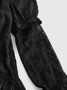 ROMWE Goth 深色哥特式宫廷风格蕾丝喇叭袖修身女士衬衫 - 黑色 - 查看 4