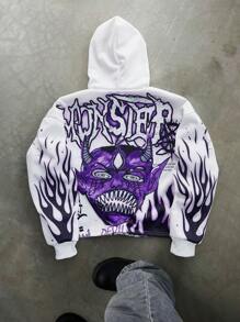 Manfinity EMRG Manfinity Streetrush Men's Youthful Street INS White Pullover Hoodie With Purple Flame Skull Monster Large Graphic And Letter Print, Dark Style, Hot Selling, Short Length. Fall And Winter Men Clothes , Graffiti Hood - Multicolor - View 2