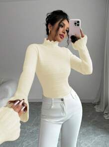 Elenzga Women Solid Color Bell Sleeve Pullover Sweater Knit Pullover Fall Winter Sweater - Apricot - View 5