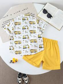 SHEIN 2pcs/Set Toddler Boy Cute Excavator Cartoon Car & Traffic Vehicle Pattern Short Sleeve Shirt With Yellow Shorts