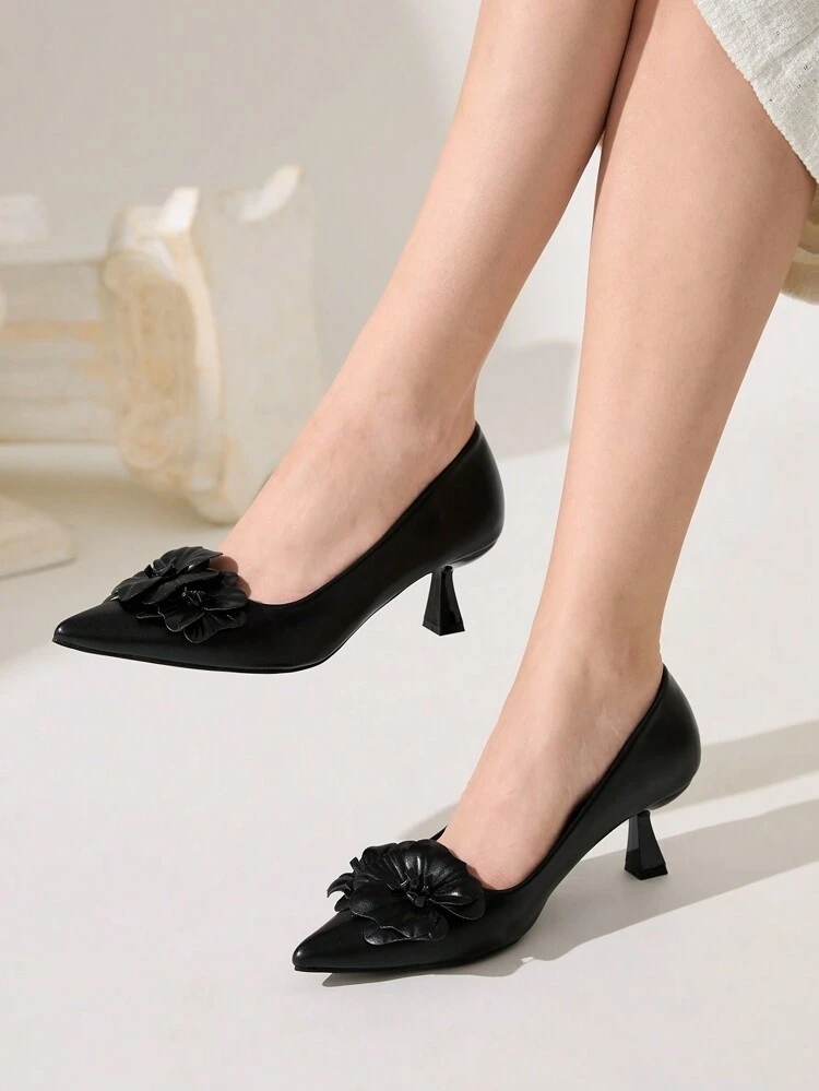 CUCCOO CHICEST Elegant Fashion Vintage Classic Camellia Flower Pointed Toe Kitten Heel Wine Glass Heel Ladies Black PU Leather High Heel Shoes For Women, Suitable For Afternoon Tea, Dating, Party, Valentine's Day Valentines