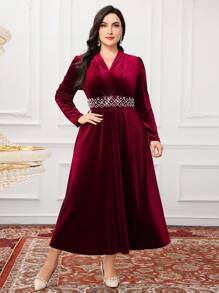 Modelyn Plus Size Solid Color V-Neck Patchwork Long Sleeve Casual Dress Long Evening Dresses - Burgundy - View 4
