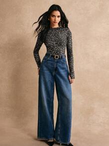 Poéselle Women's Round Neck Long Sleeve Leopard Print Casual T-Shirt