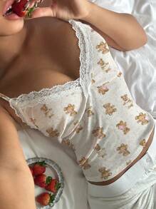 CovetEZ Áo hai dây cổ tròn họa tiết gấu ren dành cho nữ, phù hợp cho mùa xuân/hè - Nhiều màu - Xem 1