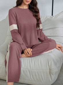 拼色休闲时尚女式套头衫长袖长裤家居服套装