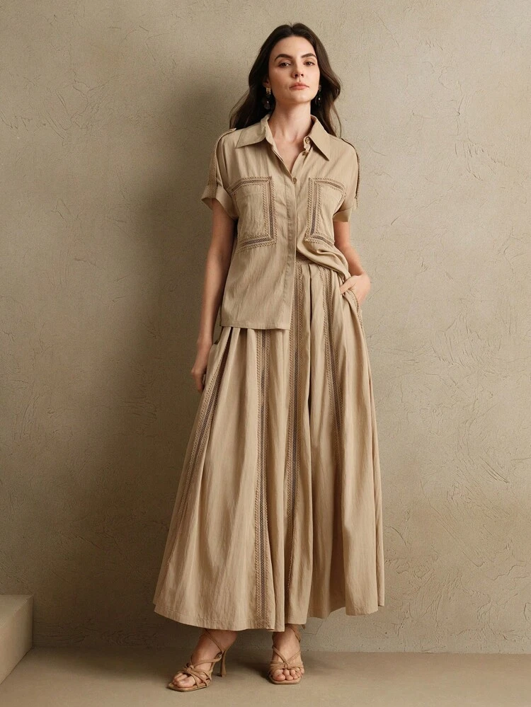 Set de 2 piezas de blusa de manga corta y falda de unicolor elegante para mujer