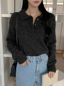 DAZY 女士纯色休闲针织毛衣，时尚日常穿着秋冬 - 深灰色 - 查看 2