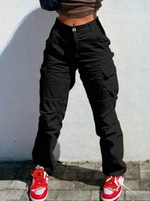 Women Y2K Style Multi-Pocket Loose Straight Leg Denim Cargo Pants - Black - View 5