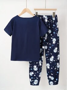 SHEIN Boys' Cute Space Panda Short Sleeve & Pants Casual Loose Comfortable Pajama Set - Black - View 2