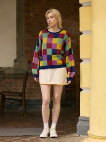 Skyraze 休闲马海毛混纺多色格子长袖毛衣，几何图案