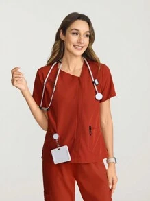 TaskEZ Scrub Uniform Top, Minimalist & Fashionable For Daily Casual Wear - Redwood - View 1