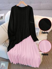 SHEIN LUNE Plus Size Solid Color Patchwork Round Neck Long Sleeve Casual Dress - Multicolor - View 1