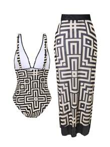 Swim Oasis Summer Elegant Simple Print Ruched Waist One-Piece Maxi Skirt For Women - Multicolor - View 1