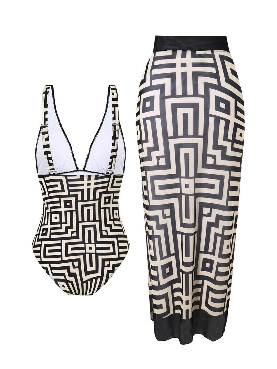 Swim Oasis Summer Elegant Simple Print Ruched Waist One-Piece Maxi Skirt For Women - Multicolor - View 1