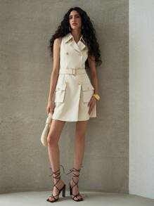 MOTF PREMIUM DOUBLE BREASTED POCKET PATCHED DRESS - Apricot - View 7