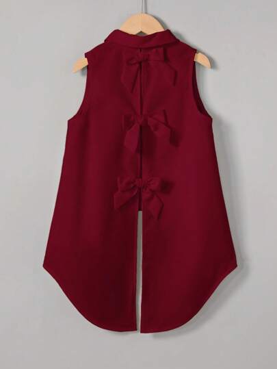 SHEIN Essnce 女士休闲纯色通勤度假无袖春夏后开叉蝴蝶结宽松衬衫工作衬衫