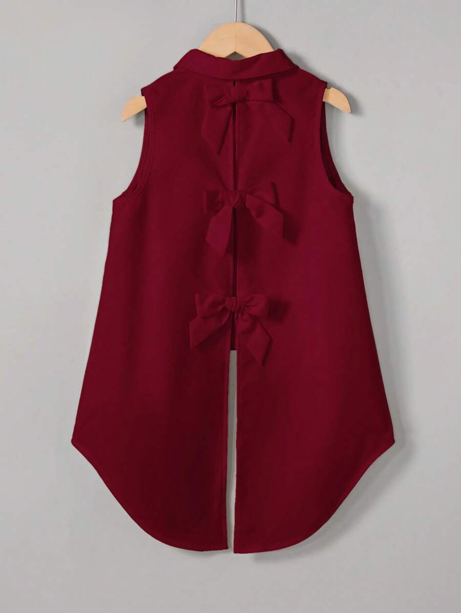 SHEIN Essnce 女士休闲纯色通勤度假无袖春夏后开叉蝴蝶结宽松衬衫工作衬衫 - 酒紅色 - 查看 1