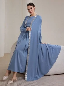 Graceveil 女士阿拉伯两件套 - 蝙蝠袖撞色亮片装饰背心直筒连衣裙和端庄长袍