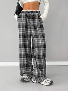 SHEIN EZwear Women's Spring Summer Daily Wear Y2K Fashion Streetwear Athleisure 90s Fashion Vintage Plaid Contrast Lace Drawstring Elastic Waistband Black And White Baggy Wide Leg Pants