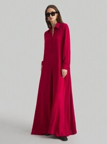 Ontre 女士2025新年红色夸张阔腿衬衫领连体裤，春季 - 酒紅色 - 查看 6