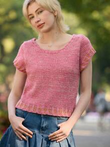 Skyraze Women Peach Pink Short Batwing Sleeve Sweater, Spring Knit Top, Suitable For Valentine's Day