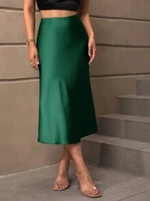 SHEIN PETITE CURVE 大码女式高腰纯色美人鱼绿裙子，优雅 - 墨綠色 - 查看 4