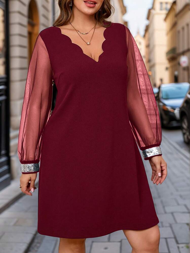 Plus Size Winter Clothes For Women Christmas Dress Women Winter Dresses Christmas Clothes Women Women Elegant Solid Color Mesh Patchwork Sequins Decor Long Dress