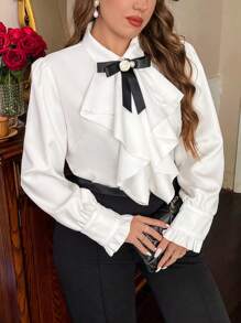 SHEIN Privé Plus Size Women's Elegant Commuter Long Sleeve Shirt With 3D Rose Flower, Bow & Ruffle Decor Spring Fall - White - View 2