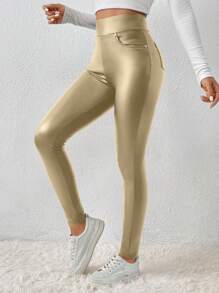 SHEIN Frenchy Solide PU leren bodycon zwarte legging