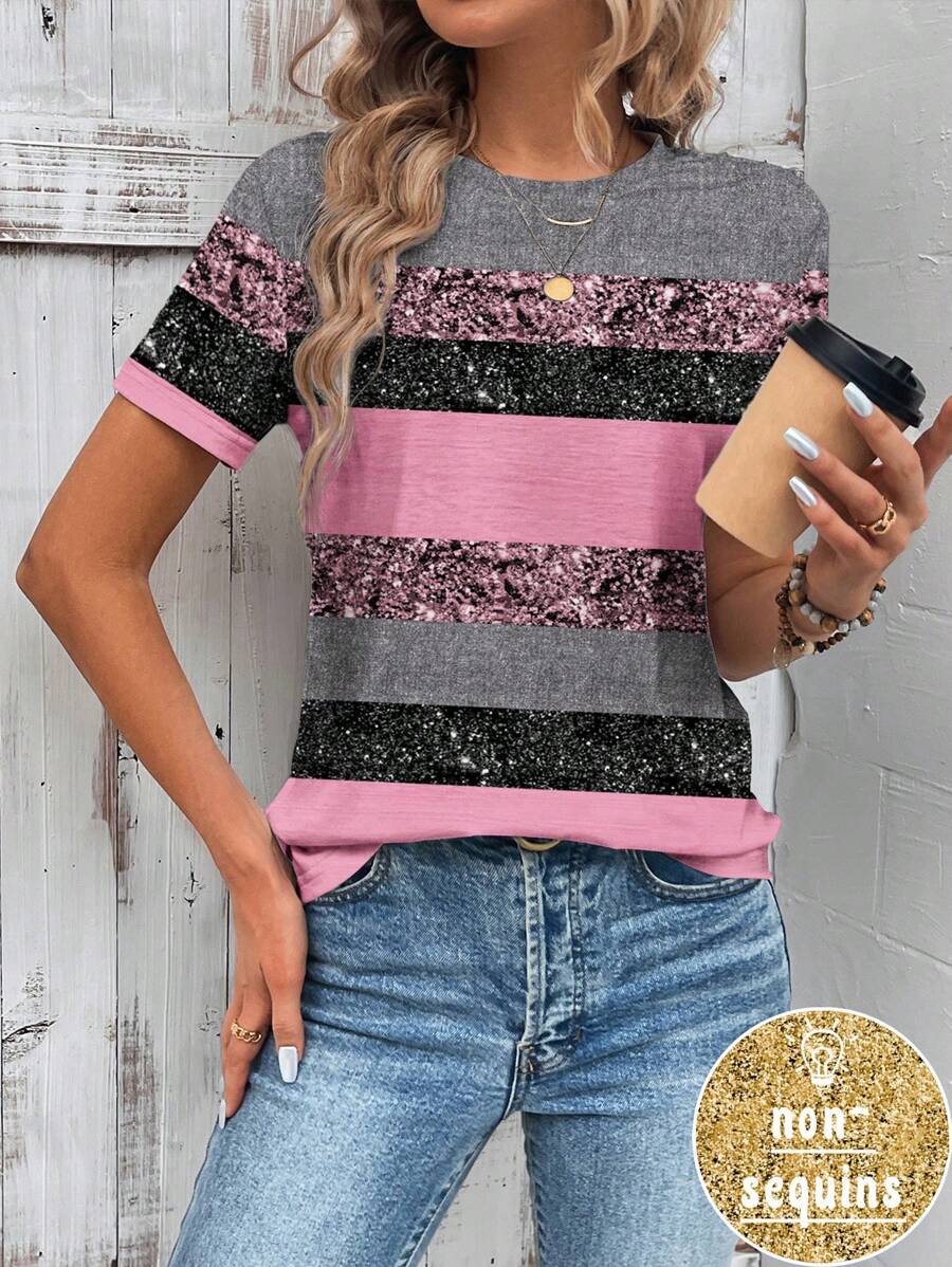 EMERY ROSE Women's Casual Glitter Striped T-Shirt, Suitable For Summer - Pink - View 1