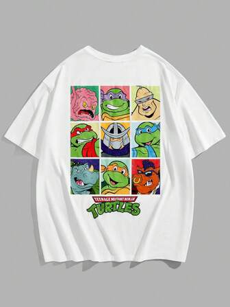 TEENAGE MUTANT NINJA TURTLES X SHEIN Plus Size Heren Casual Cartoon Schildpad Print Korte Mouw T-shirt, Zomer