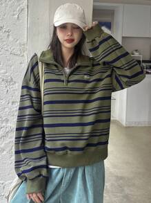 DAZY 女式前拉链长袖条纹简约运动衫，休闲日常服装，秋季服装 - 綠色 - 查看 1