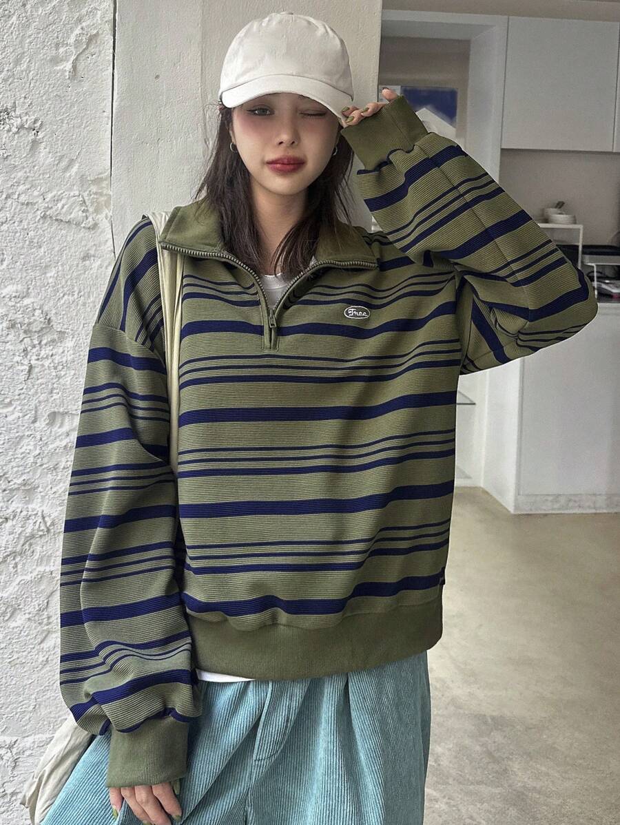 DAZY 女式前拉链长袖条纹简约运动衫，休闲日常服装，秋季服装 - 綠色 - 查看 1